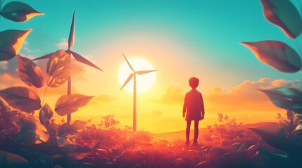 Naklejka premium Silhouette of Person Watching Renewable Energy Wind Turbines at Sunset in Peaceful Field Landscape