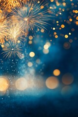 Fototapeta premium Festive blue background with fireworks, lights, and golden bokeh, sparkling particles in a cheerful atmosphere.