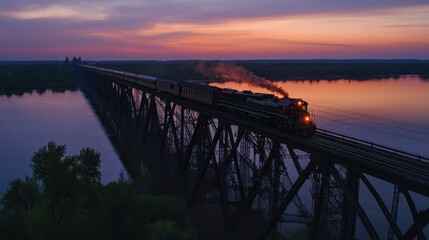 Obraz premium Steam train crossing river bridge at sunset.