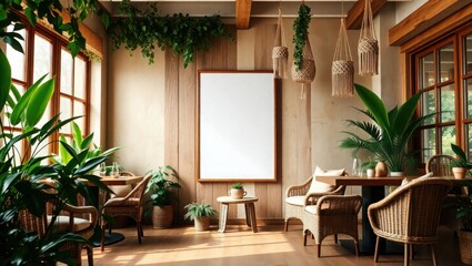 Sunlit Bohemian Cafe Interior With Plants And Blank Sign