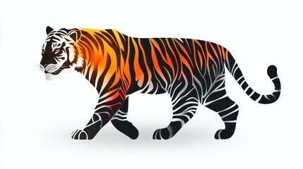 Obraz premium Stylized tiger walking, orange and black design.