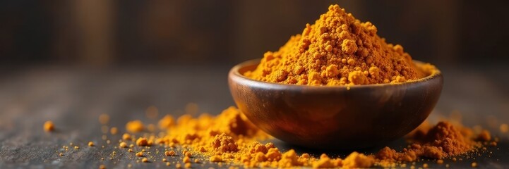 Dark brown wood bowl overflowing with warm garam masala powder , indian, detail, spicy