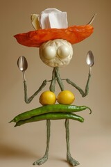 Surreal photography of a sculpture made from kitchen utensils and vegetables. 