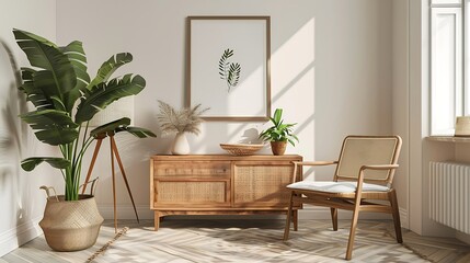 Interior of living room with wooden commode, armchair and plants. 3d render