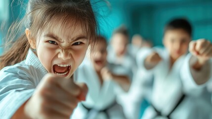 A young girl in karate gear passionately performs a punch, showcasing her fierce spirit and dedication to martial arts amidst a supportive training environment.