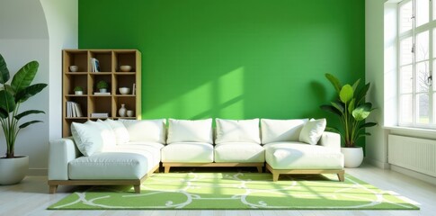 Bright white sectional, wood shelving, vibrant green backdrop, geometric rug, natural, calm, green