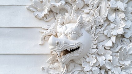 Intricate Close-Up of Thai Carvings on Temple Wall Showcasing Beautiful Decorative Details and Artistic Craftsmanship