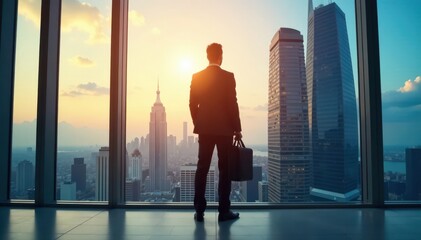 Businessman silhouette, glass tower, briefcase, work, corporate, urban