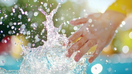 Close-Up of Water Droplets Glistening in Sunlight with Hand Splashing in Refreshing Pool Environment