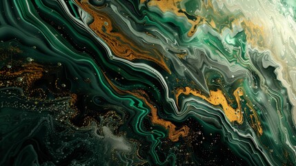 Naklejka premium Fluid art texture illustrating a mesmerizing blend of emerald green and gold, forming a dynamic wavy pattern, ideal for luxurious backgrounds and wallpapers