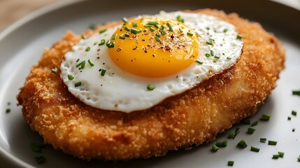 Eggs on top of a breaded chicken cutlet, covered with chives and a lemon juice sauce