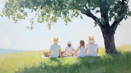 Family Enjoying a Relaxing Picnic Under the Shade of a Tree on a Warm Sunny Day in a Tranquil Outdoor Setting