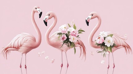 Naklejka premium Three pink flamingos adorned with pink peonies on a pink background.