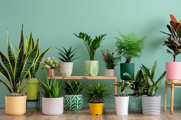 Fototapeta premium Interior living room with tropical plants in pots. 3D rendering