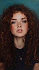 Fototapeta premium Portrait of a Young Redhead Woman with Freckles and Curly Hair