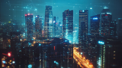 Abstract business team stands on the peak of success amid tall, innovative Smart city and graphs with statistics to analyze business potential and predict future developments in company growth.