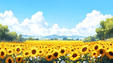 Obraz premium Vibrant Sunflower Field in Picturesque Countryside Landscape on Sunny Summer Day