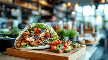 A close-up of a freshly prepared grilled chicken wrap, showcasing vibrant vegetables and an appetizing presentation ideal for healthy dining or food photography.