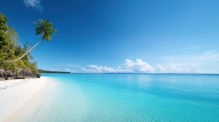 Naklejka premium Serene Panoramic View of a Tropical Island Paradise with Clear Blue Waters and White Sandy Beach