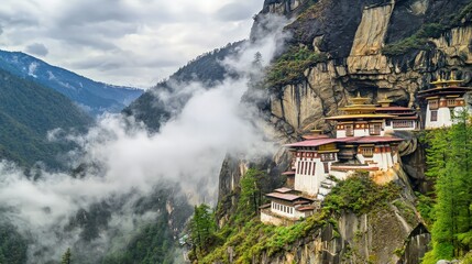 Majestic mountaintop monastery shrouded in mist, showcasing traditional architecture and serene landscape.