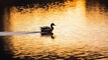 Mallard duck swimming on golden sunset water.