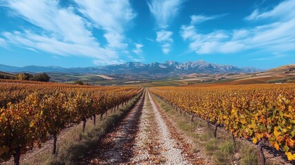 Naklejka premium Autumn vineyard landscape with mountain backdrop and dirt road.