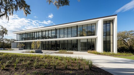 Obraz premium Modern office building with large windows, landscaping, and walkway.