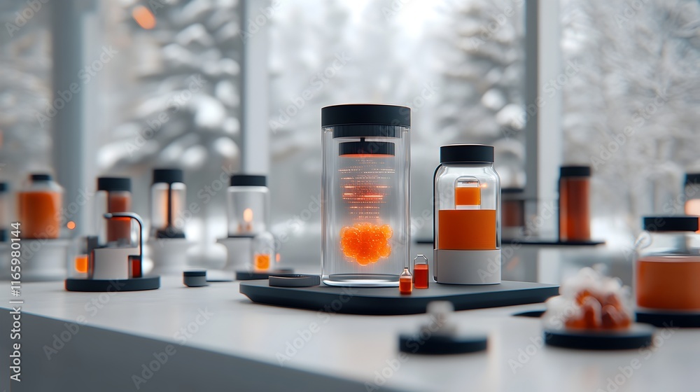 Poster transparent pheromone display in a virtual reality biotech hub with neon glowing signals emitting fr
