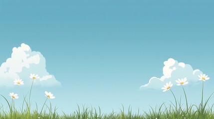 Bright Sunny Spring Day with Fluffy Clouds and Green Grass Underneath a Blue Sky