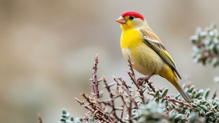 Fototapeta premium A Goldfinch perched on thorns in a bushy area