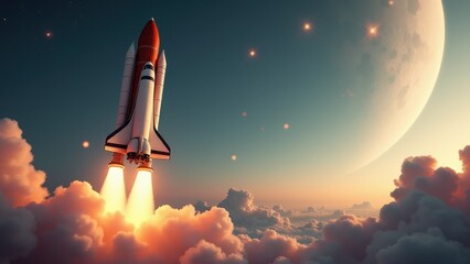 Futuristic space shuttle blasts off on mission to explore distant planets and moons