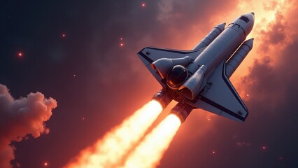 Futuristic space shuttle blasts off on mission to explore distant planets and moons