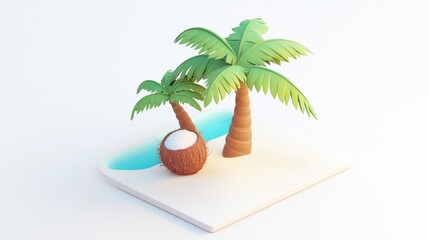 Obraz premium Two cartoon palm trees on a small island with a coconut.