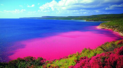 Pink lake and coastline under a blue sky with lush vegetation.
