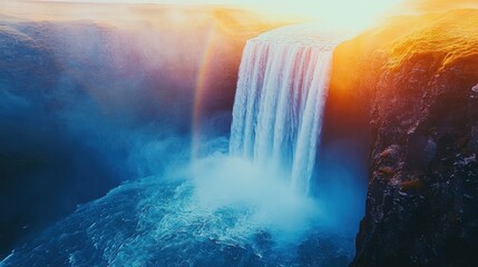 Majestic waterfall with rainbow at sunset.