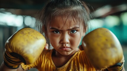 A fierce young girl in yellow boxing gloves displays an intense look, embodying the spirit of a fighter in her boxing gym, focusing on her training and inner strength.