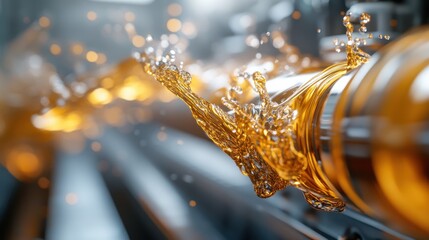 An extraordinary image showcasing a stream of golden liquid flowing in a mechanical environment, highlighting the intricate relationship between nature and technology.