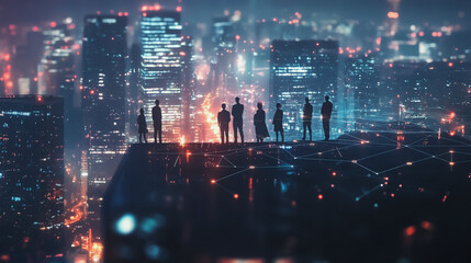 Obraz premium Abstract business team stands on the peak of success amid tall, innovative Smart city and graphs with statistics to analyze business potential and predict future developments in company growth.
