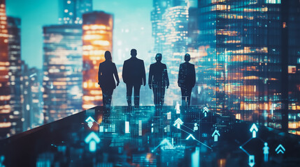 Abstract business team stands on the peak of success amid tall, innovative Smart city and graphs with statistics to analyze business potential and predict future developments in company growth.