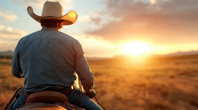Silhouetted figure of a cowboy atop a horse glowing in the warm light of a sunset embodies nostalgia and warmth, evoking a sense of adventure in a serene landscape.