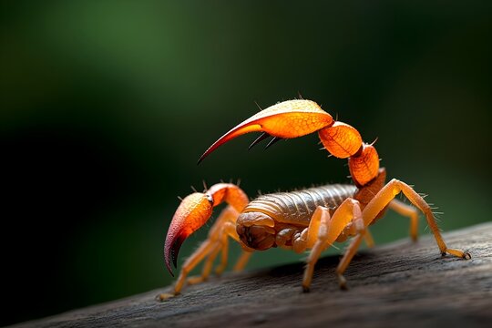 Dramatic macro close up shot of a scorpion s segmented tail the barbed stinger flexing and preparing to unleash a defensive venom