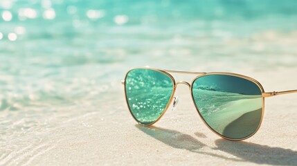 A stunning pair of sunglasses rests against the soft sand on a beach, reflecting clear turquoise water and capturing the essence of summer relaxation.