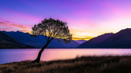 Obraz premium Solitary tree silhouetted against vibrant sunset over calm lake and mountains.