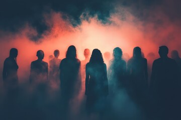 Fototapeta premium Group of silhouettes standing in fog with dramatic lighting during early evening