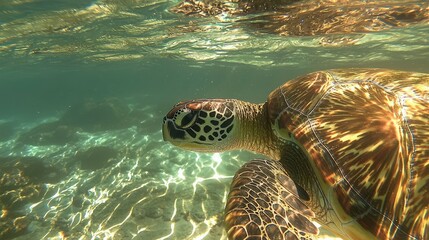 Obraz premium Underwater close-up of a sea turtle swimming in clear ocean water.