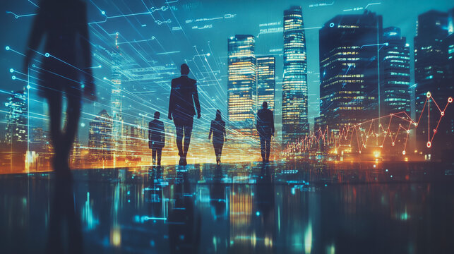 Abstract business team stands on the peak of success amid tall, innovative Smart city and graphs with statistics to analyze business potential and predict future developments in company growth.