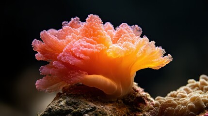 An intricately detailed coral piece glowing in vibrant coral colors under the clear water, representing the beauty and fragility of marine ecosystems in a tidal habitat.