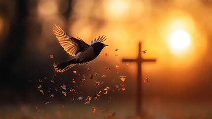 Obraz premium A bird takes flight amidst a backdrop of falling leaves and a cross during sunset, symbolizing freedom and the transition from day to night in this serene moment.