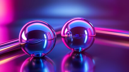 Two reflective spheres sit on a surface, reflecting neon lights, creating a vibrant and colorful abstract composition with purple and blue hues