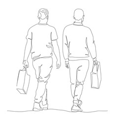 2 men with shopping bags walking away. Continuous line drawing. Black and white vector illustration in line art style.
